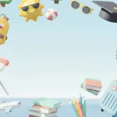 Słońce, plecak, parasol plażowy, samolot, książki, walizka, czapka absolwenta i płatek śniegu symbolizują plany na dni wolne 2026.