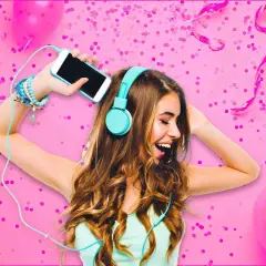 A young woman with headphones on, holding a smartphone, surrounded by pink balloons and confetti.