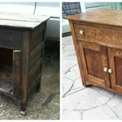 Credenza fai da te: prima e dopo. Un mobile in legno grezzo trasformato in un pezzo d'arredo elegante con finitura lucida e pomelli dorati.