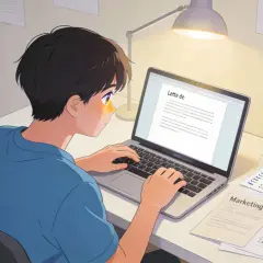 Un jeune homme rédige sa lettre de motivation pour Parcoursup, axée sur un DUT Techniques de Commercialisation.