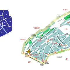 Mapa Paryża z zaznaczoną 17. dzielnicą. Czy 17. dzielnica Paryża jest bezpieczna? Mapa pokazuje jej położenie i główne ulice.