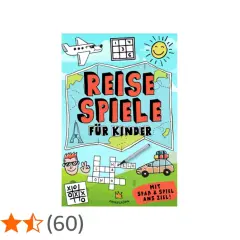 Buntes Cover mit "Reisespiele für Kinder", Flugzeug, Auto, Rätseln und Sonne. Perfekt für unterwegs!
