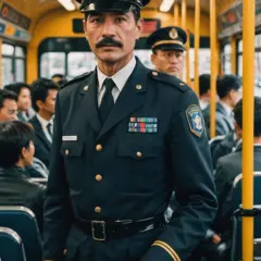 Konduktor w mundurze, pasażerowie w autobusie. Ciekawe, ile zarabia konduktor za taką pracę?