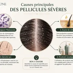 Causes des pellicules sévères : champignon Malassezia, excès de sébum, cuir chevelu sec, produits inadaptés. Identifier la cause est essentiel pour savoir pourquoi j'ai des pellicules.