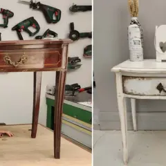 Mesa antigua antes y después de barnizar muebles antiguos. El mueble pasa de madera oscura a blanco desgastado.