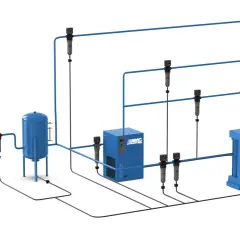 Sistema de aire comprimido ABAC con compresor, secador, depósito y filtros. Soluciones eficientes para tu industria.