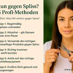 Frau schneidet sich die Spitzen, um Spliss zu bekämpfen. Tipps gegen Spliss: regelmäßiges Schneiden, Hitzefrei, richtige Pflegeprodukte, sanftes Trocknen, Schlaf-Equipment, gesunde Ernährung.