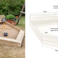 En nybyggd sandlåda med en orange leksaksbil och en grävmaskin. Perfekt för barn att bygga sandslott i.