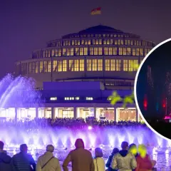 Wrocławska fontanna multimedialna zachwyca pokazem z Marilyn Monroe. Tłumy widzów oglądają wodne widowisko.