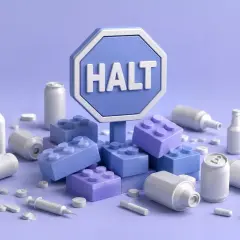 Znak "HALT" otoczony butelkami, puszkami, tabletkami i strzykawką. Symbolizuje metodę halt w walce z uzależnieniami.