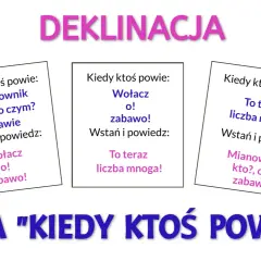 Grafika z napisem "DEKLINACJA" i trzema kartkami z zasadami gry "Kiedy ktoś powie".