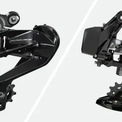 Left: Shimano Dura-Ace Di2 rear derailleur. Right: SRAM AXS rear derailleur. A visual comparison of these electronic shifting systems.