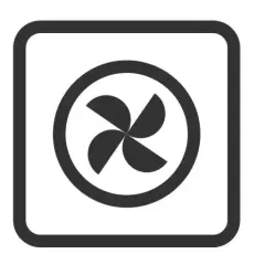 Symbol termoobiegu w piekarniku. Cztery łopatki wentylatora w okręgu, otoczone ramką.