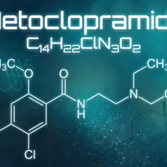 Struktura chemiczna metoklopramidu, leku stosowanego w leczeniu nudności i wymiotów.