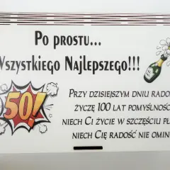 Po prostu wszystkiego najlepszego! Krótkie śmieszne życzenia na 50 urodziny z bąbelkami szampana i liczbą 50.