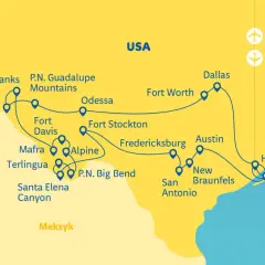 Mapa Teksasu z zaznaczonymi miastami i atrakcjami, w tym stolicą Teksasu, Austin.