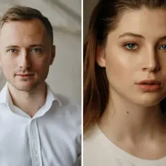 Mężczyzna w białej koszuli i kobieta w białej bluzce podczas sesji portretowej.