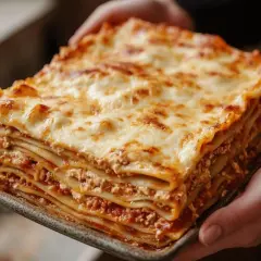 Une généreuse part de lasagne italienne, empilée de pâtes, sauce à la viande et fromage fondant. Parfait pour une recette lasagne italienne maison.
