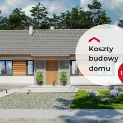 Nowoczesny dom 100 m2 z szarym dachem, białymi ścianami i drewnianymi elementami. Na tle drzew, z napisem "Koszty budowy domu 100 m²".