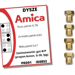 Dysze Amica do przystosowania kuchenki gazowej do gazu z butli (propan-butan, LPG). Zestaw zawiera dysze do palników o różnej wielkości.