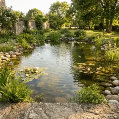 Un paisible bassin naturelle bordé de pierres et de végétation luxuriante, avec des nénuphars et des poissons dorés.