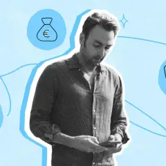 Un homme regarde son téléphone, entouré d'icônes symbolisant l'argent, la justice et des documents. Il pourrait s'agir d'une situation de nullité d'une reconnaissance de dette.