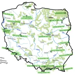 Mapa Polski z zaznaczonymi parkami narodowymi, krajobrazowymi i obszarami chronionego krajobrazu. Zielone plamy oznaczają tereny chronione.
