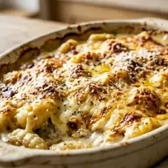 Un plat gratiné de gnocchi à la romaine, doré et appétissant, avec du fromage fondu et du poivre noir.