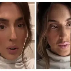 Split screen of a woman with dark hair and light makeup. She's wearing a light grey turtleneck. Chris loves Julia House.