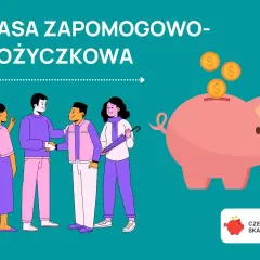 Ludzie zawierają umowę, a obok różowa świnka skarbonka przyjmuje monety. To wizualizacja kasy zapomogowo-pożyczkowej.