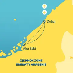 Mapa Zjednoczonych Emiratów Arabskich z zaznaczonym Dubajem i Abu Zabi. Dwa samoloty symbolizują podróż.