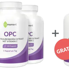 Flaschen mit OPC Traubenkernextrakt und Vitamin C. Ein Gratis-Angebot hebt die OPC Vorteile hervor.