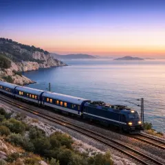Pociąg Adriatic Express sunie wzdłuż skalistego wybrzeża Adriatyku o zachodzie słońca.