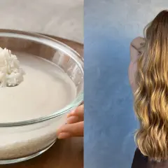 Agua de arroz para el pelo: un tazón con arroz y agua, y una mujer con cabello largo y rubio.
