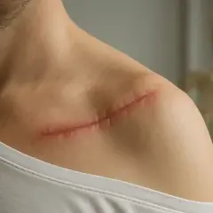 Świeża blizna po operacji na obojczyku, świadectwo leczenia stłuczenia barku i ramienia. W tle szkielet.