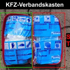 KFZ-Verbandskasten mit abgelaufenem Inhalt: Nicht-sterile Teile links, sterile Teile rechts.