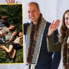 Kate i William z dziećmi odpoczywają na trawie. Książę i księżna pozdrawiają, ubrani w ozdobne szale.