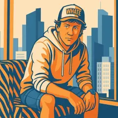 Rafal Zaorski w czapce z daszkiem "WHATE" siedzi na kanapie w stylu retro, na tle stylizowanego miasta.