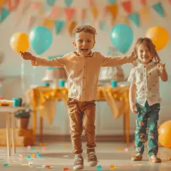 Bambini felici festeggiano un compleanno al chiuso con palloncini colorati e coriandoli. Perfetti giochi per feste di compleanno al chiuso!