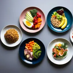 Six assiettes colorées présentent des aliments sains : fruits, légumes, œufs, céréales, légumineuses. Idéal pour savoir que manger quand on fait du sport pour maigrir.