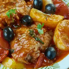 Un plat de daube de bœuf mijoté avec des tomates, des olives noires et des pommes de terre, garni de persil frais.