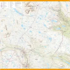 Detaljerad karta över fjällområdet kring Helagsfjället, med sjöar, vattendrag, vägar och bebyggelse.
