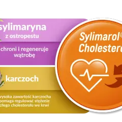 Sylimaryna z ostropestu i karczoch na tle grafiki z sercem i strzałkami, symbolizujące regulację cholesterolu.