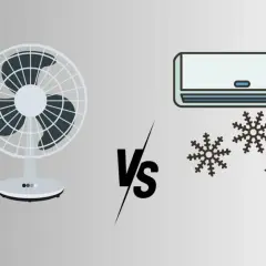Ventilador vs. aire acondicionado. El ventilador genera brisa, el aire acondicionado, frío con copos de nieve.