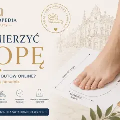 Kobieta mierzy stopę ołówkiem na papierze, by dobrać idealne buty. Poradnik "Jak zmierzyć stopę" z zaznaczoną długością i szerokością. Podeszwa buta będzie dopasowana.