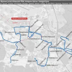 Mapa z zaznaczoną trasą autobusu w Gdańsku, z przystankami i nazwami ulic.