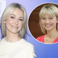 Magdalena Ogórek w białej sukience i w różowej bluzce, uśmiechnięta.