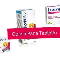 Opakowania Lokomotiv, suplementu diety na złe samopoczucie lokomocyjne, z wesołą postacią dziecka w bolidzie.