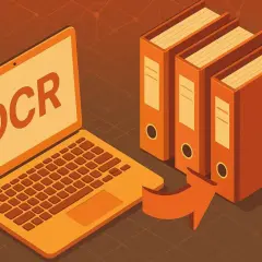 Laptop z napisem OCR obok trzech segregatorów, sugerujący cyfryzację dokumentów dzięki oprogramowaniu OCR.