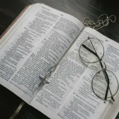 Otwarta Biblia, krzyż na łańcuszku i okulary. Może to symbolizować św. Brygidę, jej modlitwę i 12-letnie objawienia.